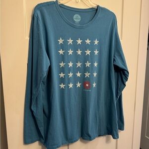 Life is Good Women's Patriotic Flag Design Long Sleeve Blue Tee -XXL